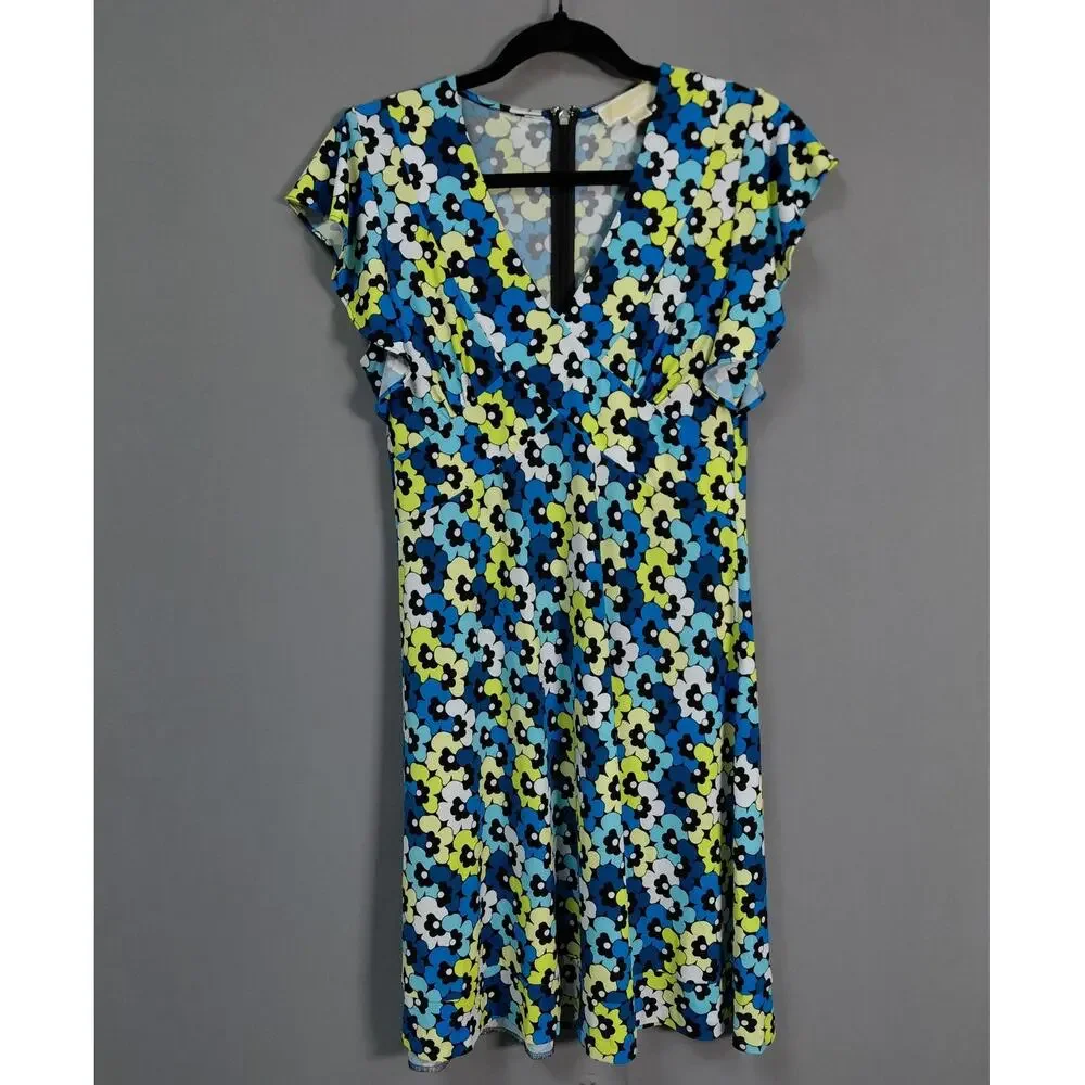 Michael Kors Blue Floral V-Neck Cap Sleeve Jersey Dress Women Size S